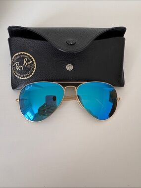 Blue Mirrored Aviator Sunglasses with Gold Frame